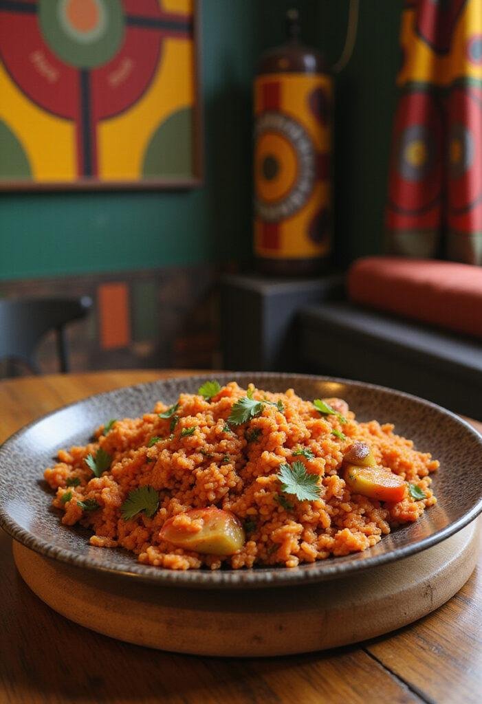 Black Panther Wakandan Jollof Rice served on a wooden table with African-inspired decorations, showcasing a colorful and spicy rice dish with herbs.