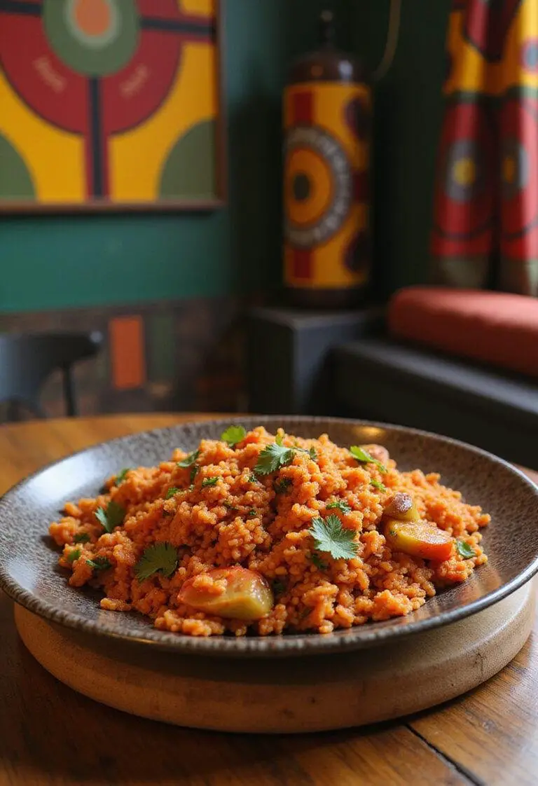 Black Panther Wakandan Jollof Rice served on a wooden table with African-inspired decorations, showcasing a colorful and spicy rice dish with herbs.