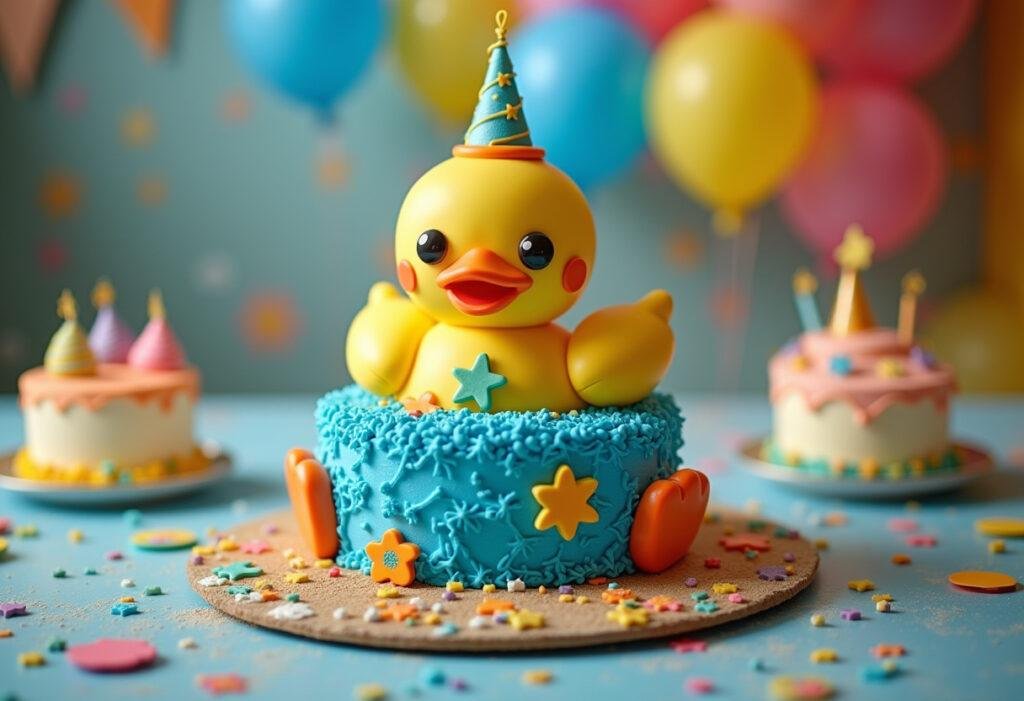 Bluey's Duck Cake - a colorful duck-shaped birthday cake from Bluey, decorated with vibrant blue and yellow icing in a festive setting