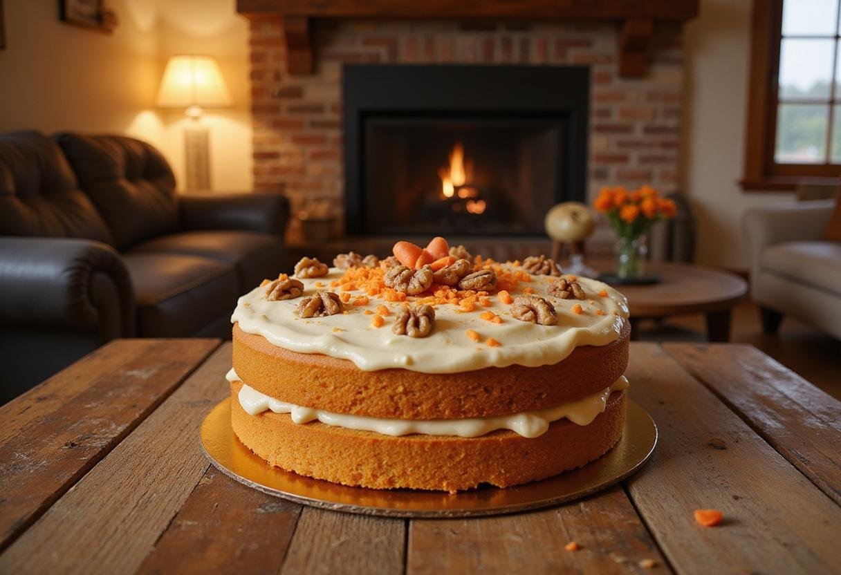 Bolt movie-inspired carrot cake with cream cheese frosting on a rustic table, showcasing a delicious and visually appealing dessert perfect for themed celebrations.