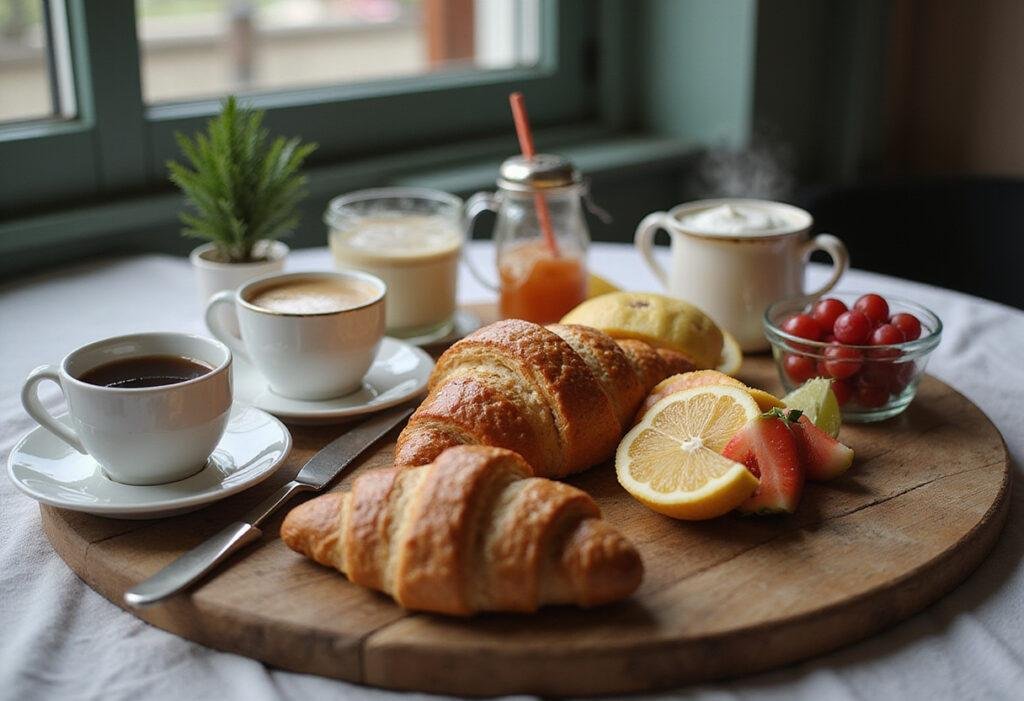 Breakfast at Tiffany's Croissant and Coffee Breakfast Board featuring croissants, coffee, and fresh fruit in a chic vintage setting