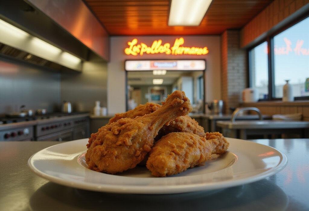 Fried chicken inspired by Breaking Bad's Los Pollos Hermanos, plated in a themed kitchen setting