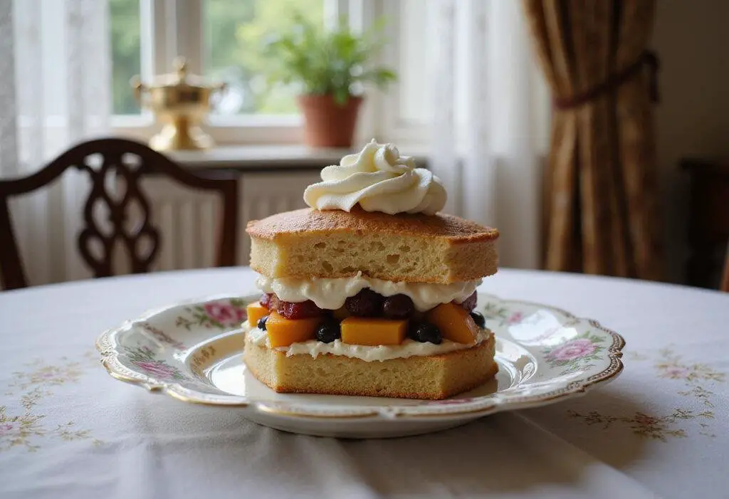 Victoria sponge cake inspired by Bridgerton, styled in a Regency-era setting with elegant presentation and soft natural lighting.