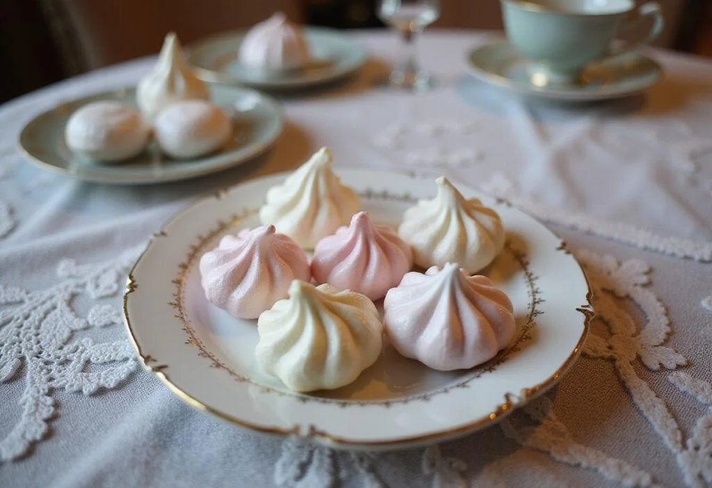 Delicate meringue kisses inspired by Bridgerton, arranged on vintage porcelain in an elegant Regency-era setting, perfect for Daphne Bridgerton fans.