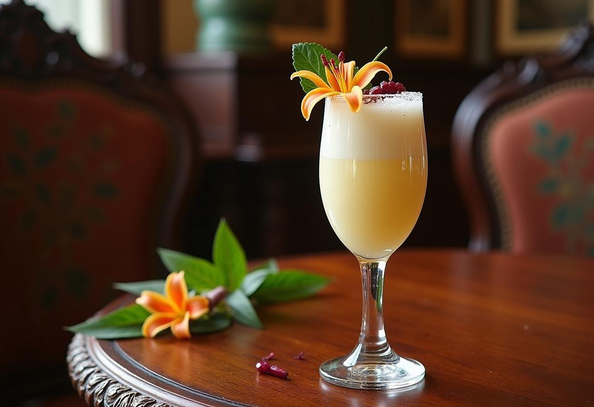 Bridgerton Kate's Lily Lassi in a vintage Victorian setting, featuring a traditional lassi drink garnished with herbs.