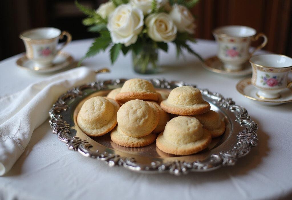 Lady Danbury's Hat Shaped Cookies from Bridgerton on a vintage platter in an elegant Regency-style setting