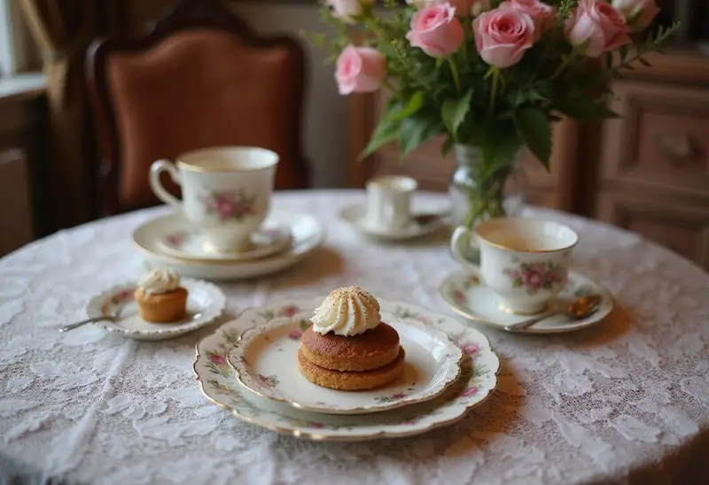 Lady Whistledown's Spill the Tea Cakes on vintage table in Bridgerton-inspired scene