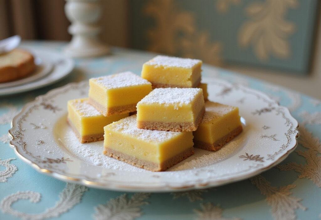 Bridgerton Penelope Featherington lemon bars on an elegant vintage table, showcasing classic Regency-era dessert presentation.