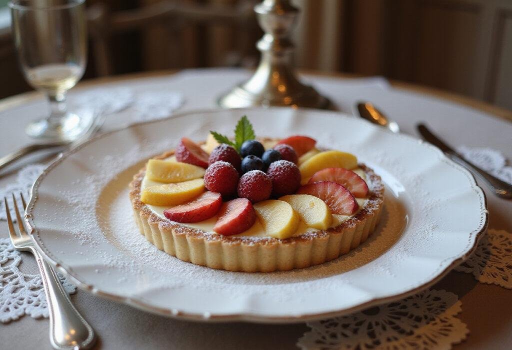 Beautiful Bridgerton Queen Charlotte's fruit tart with fresh fruits on an elegant Victorian table, showcasing a luxurious fruit tart in a Victorian-inspired setting