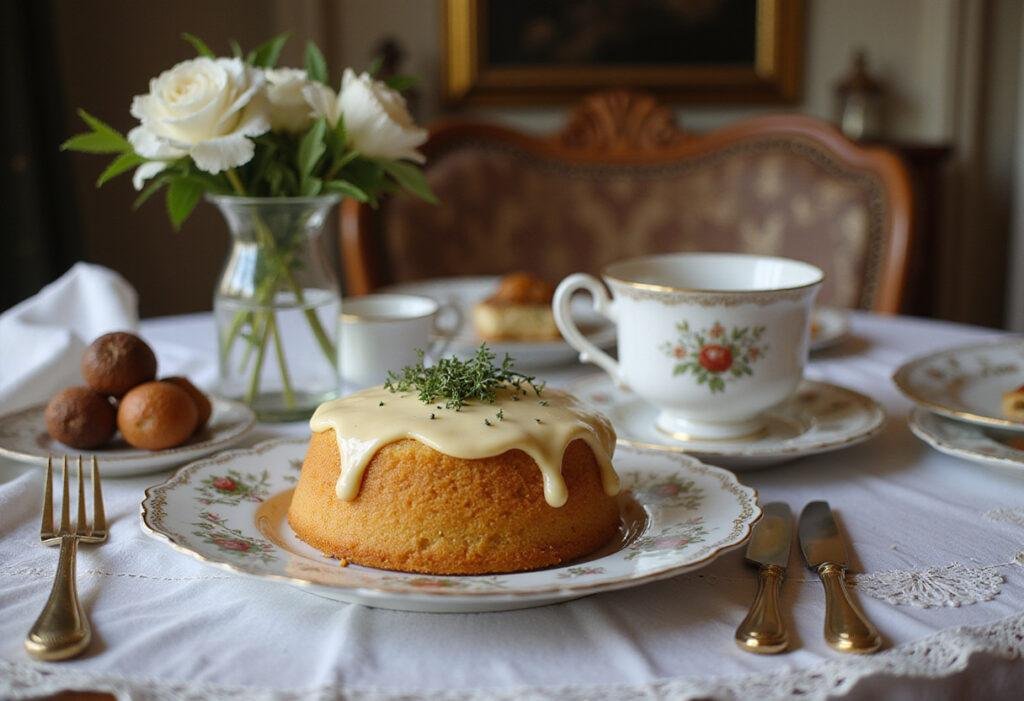 Bridgerton honey cakes on a vintage table in Regency era style, featuring a golden honey cake with icing and fresh herbs, inspired by Bridgerton recipes.