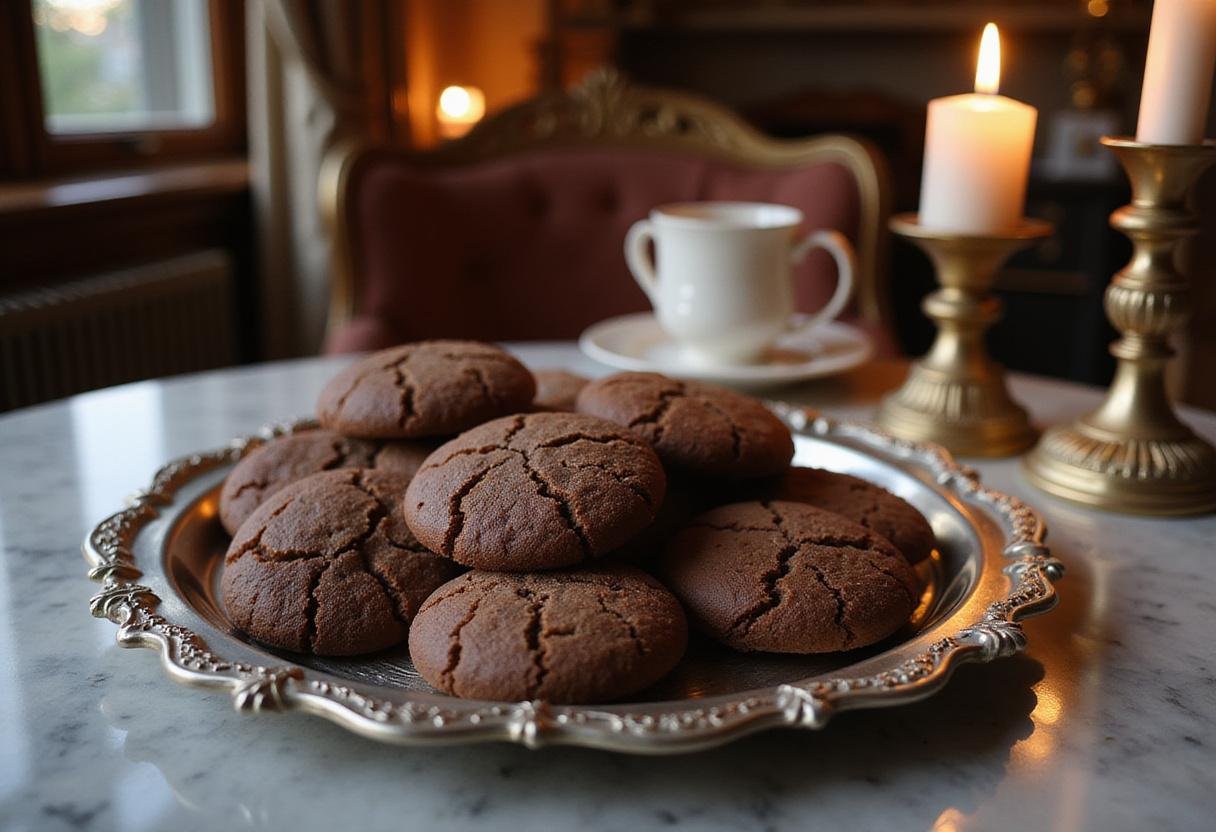 Bridgerton The Duke's Burning Love Spiced Chocolate Cookies arranged on a vintage tray in a regal, opulent setting, highlighting the spiced chocolate flavor and Bridgerton aesthetic.