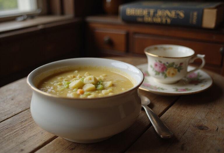 Bridget Jones's Diary's Blue Soup with leek and potato, served cozy in a vintage kitchen setting, perfect for fans of romantic comedy food.