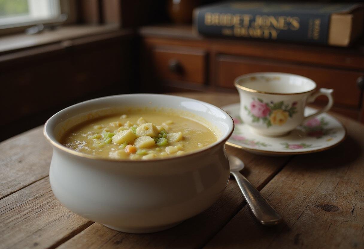 Bridget Jones's Diary's Blue Soup with leek and potato, served cozy in a vintage kitchen setting, perfect for fans of romantic comedy food.