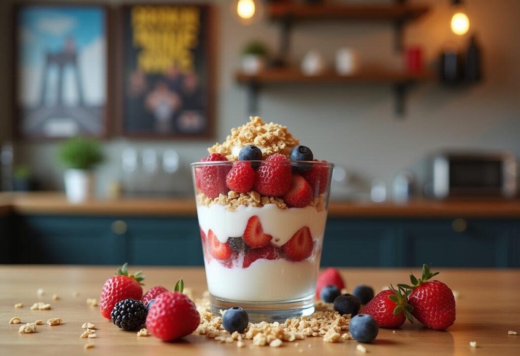 Brooklyn Nine-Nine-inspired yogurt parfaits with berries and granola served on a Brooklyn-themed table, perfect for fans of Jake Peralta.