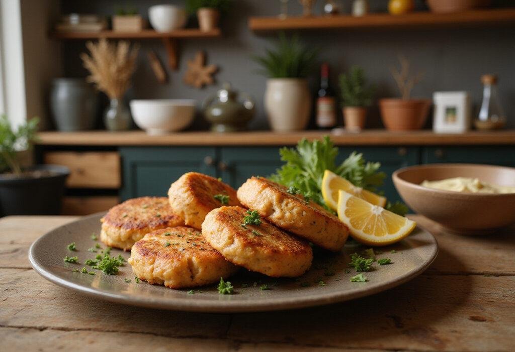 Brother Bear's Salmon Patties plated with lemon and herbs in a cozy Alaskan-themed kitchen, inspired by the Brother Bear movie setting.
