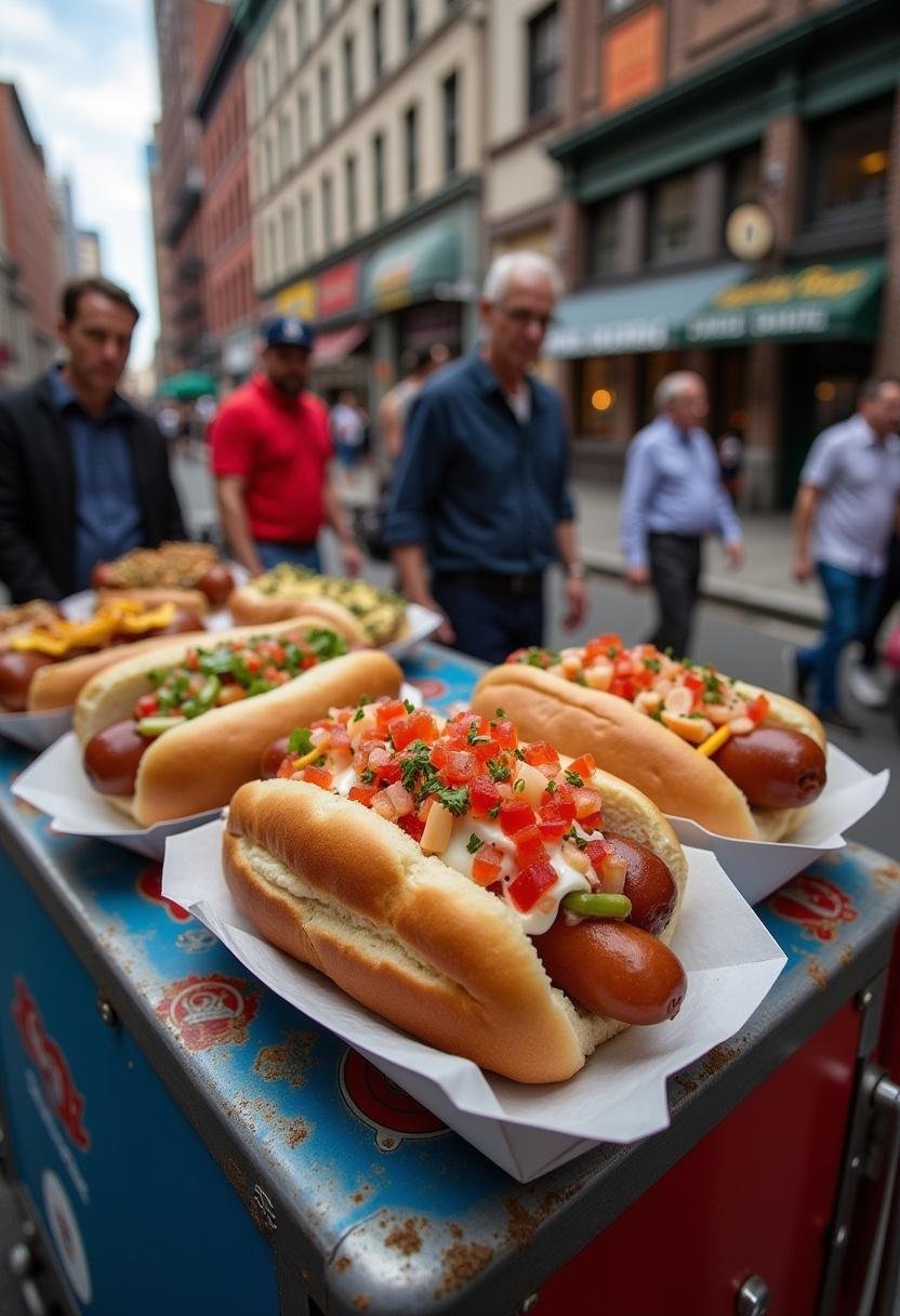 Captain America Brooklyn Style Hot Dogs served on a vintage street cart in Brooklyn, with toppings and condiments.