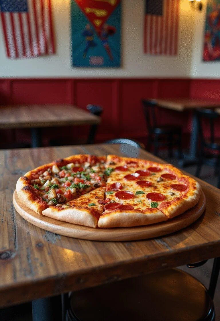 Captain America Civil War Divided Pizza served on a rustic table with themed decorations, showcasing half pepperoni and half veggie toppings.