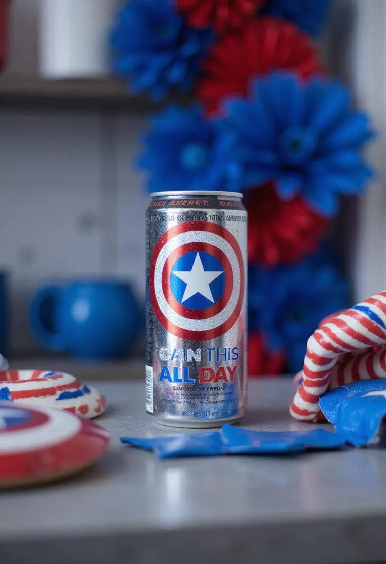 Captain America I Can Do This All Day Energy Drink in patriotic setting, featuring the branded can against a superhero-themed backdrop.