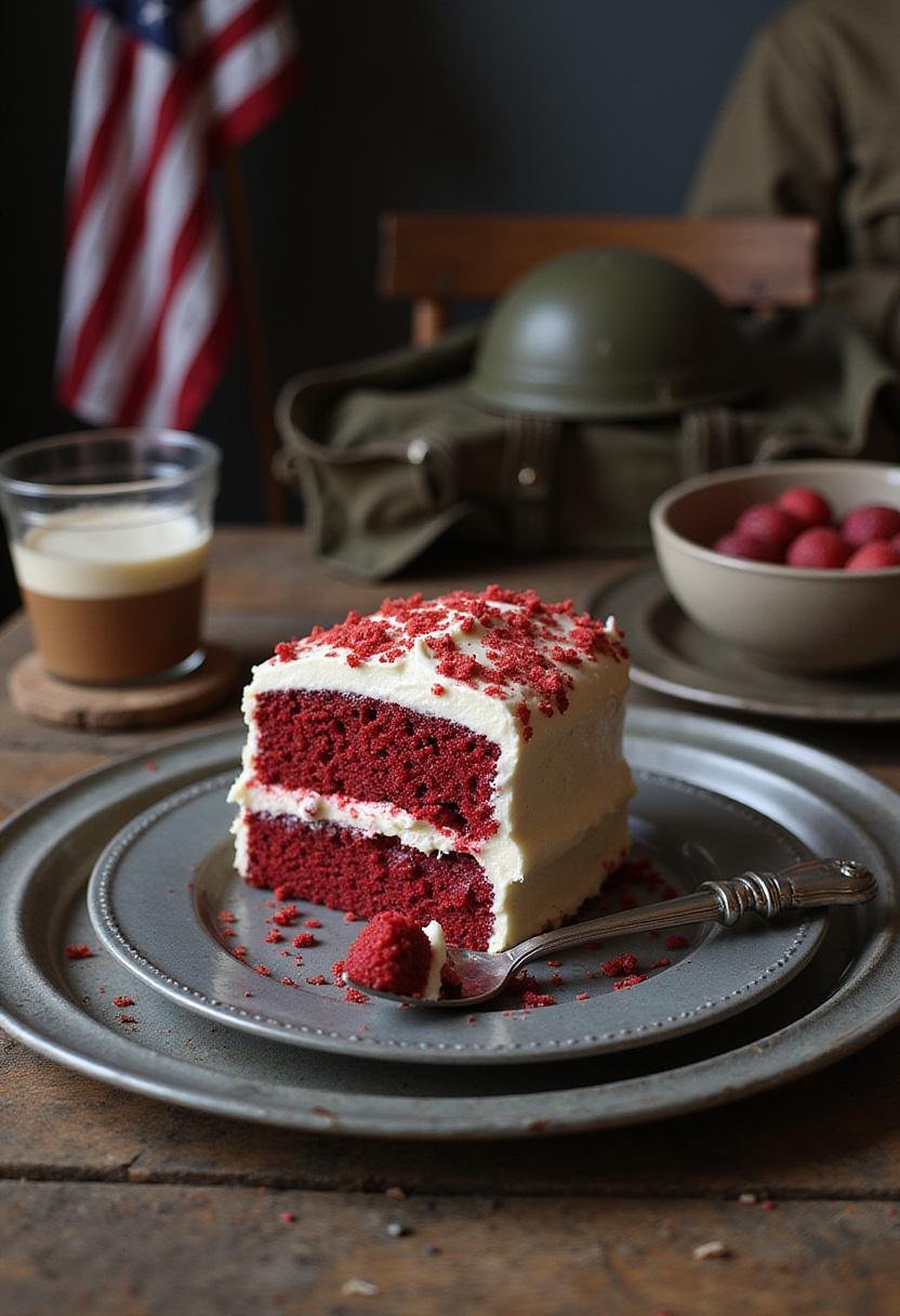 Captain America Red Skull's Red Velvet Cake on a vintage tray in a WWII-themed setting, vibrant red layers topped with cream cheese frosting