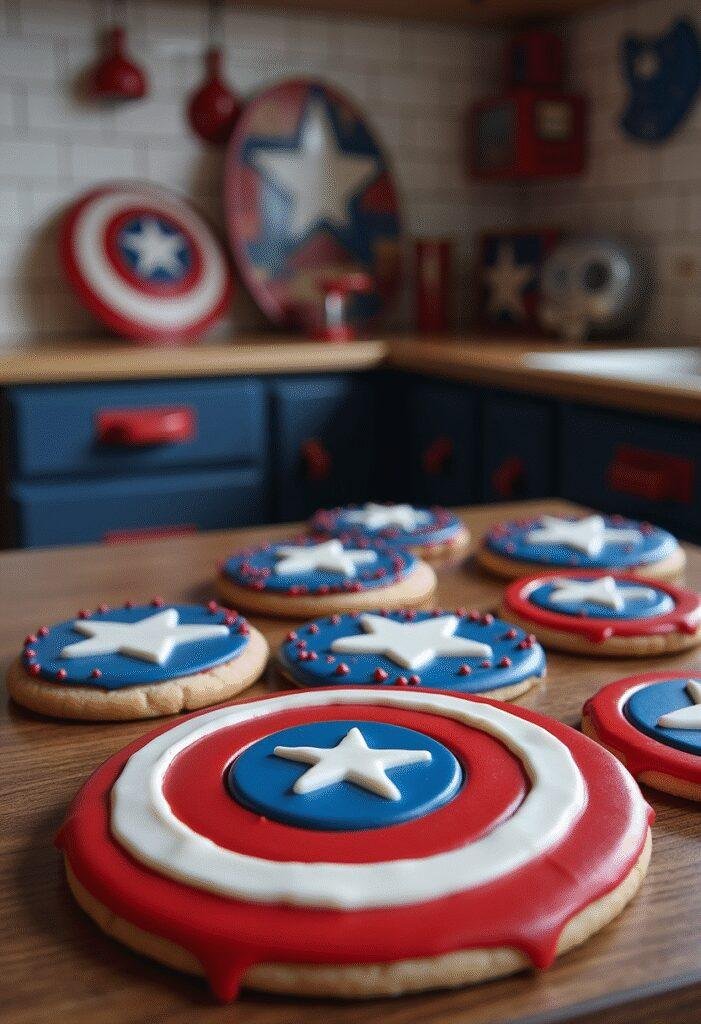 Captain America S.H.I.E.L.D. Logo Cookies decorated with superhero-themed icing, on a Marvel-inspired kitchen counter.
