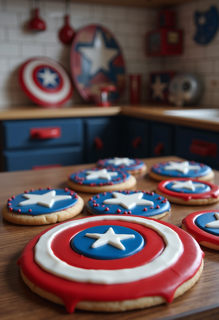 Captain America S.H.I.E.L.D. Logo Cookies decorated with superhero-themed icing, on a Marvel-inspired kitchen counter.