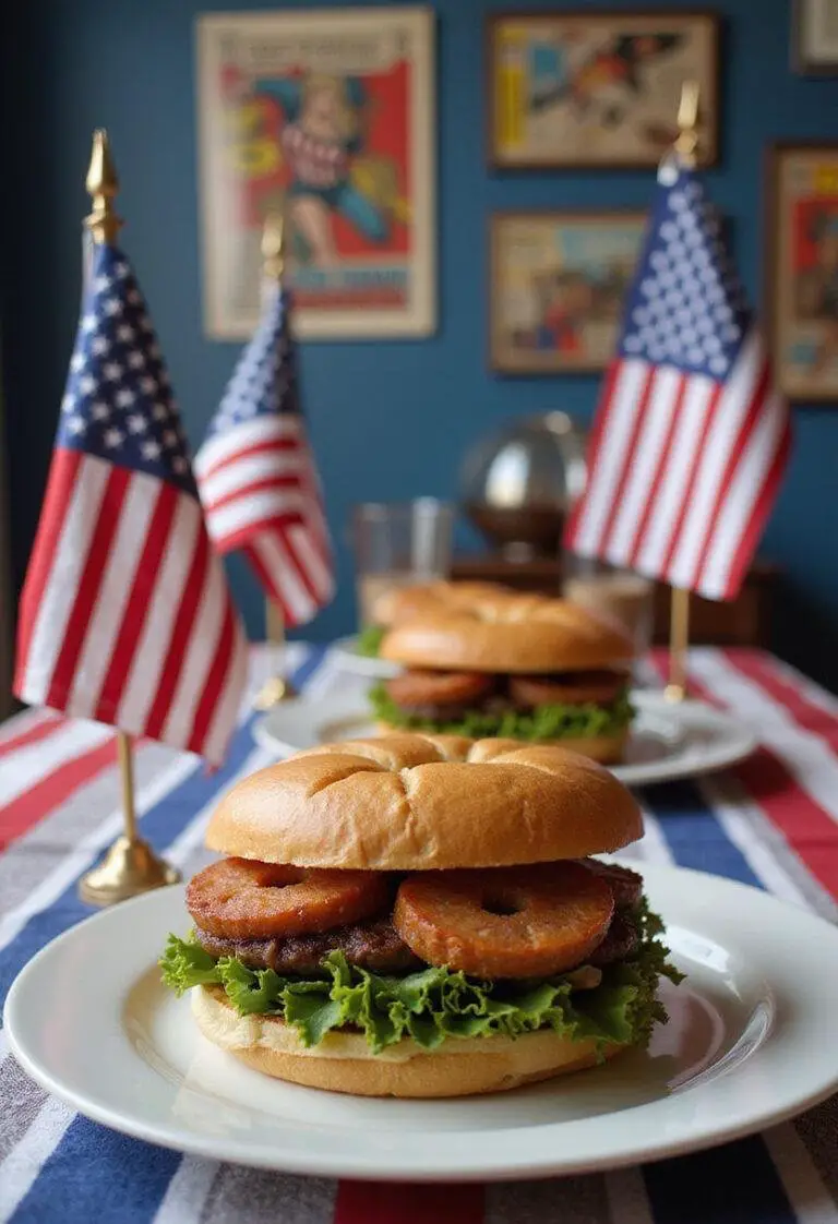 Captain America Steve Rogers' Pre-Serum Skinny Sandwiches plated on a patriotic table with comics and American flags for a superhero-themed image.