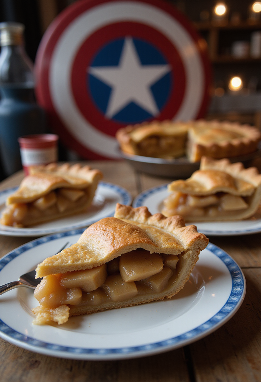 Captain America The First Avenger Apple Pie served on a rustic wooden table with patriotic decorations, highlighting a classic apple pie in a themed setting.