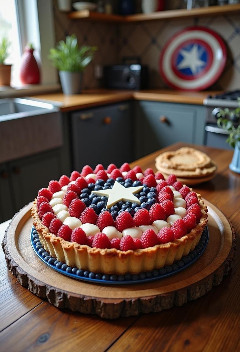 Captain America Vibranium Shield Fruit Tart with fresh berries and patriotic colors, served on a wooden table with Avengers-themed decor