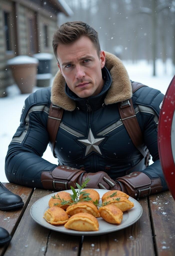 Captain America Winter Soldier's plum pierogies plated on a rustic table in a snowy Marvel-inspired setting