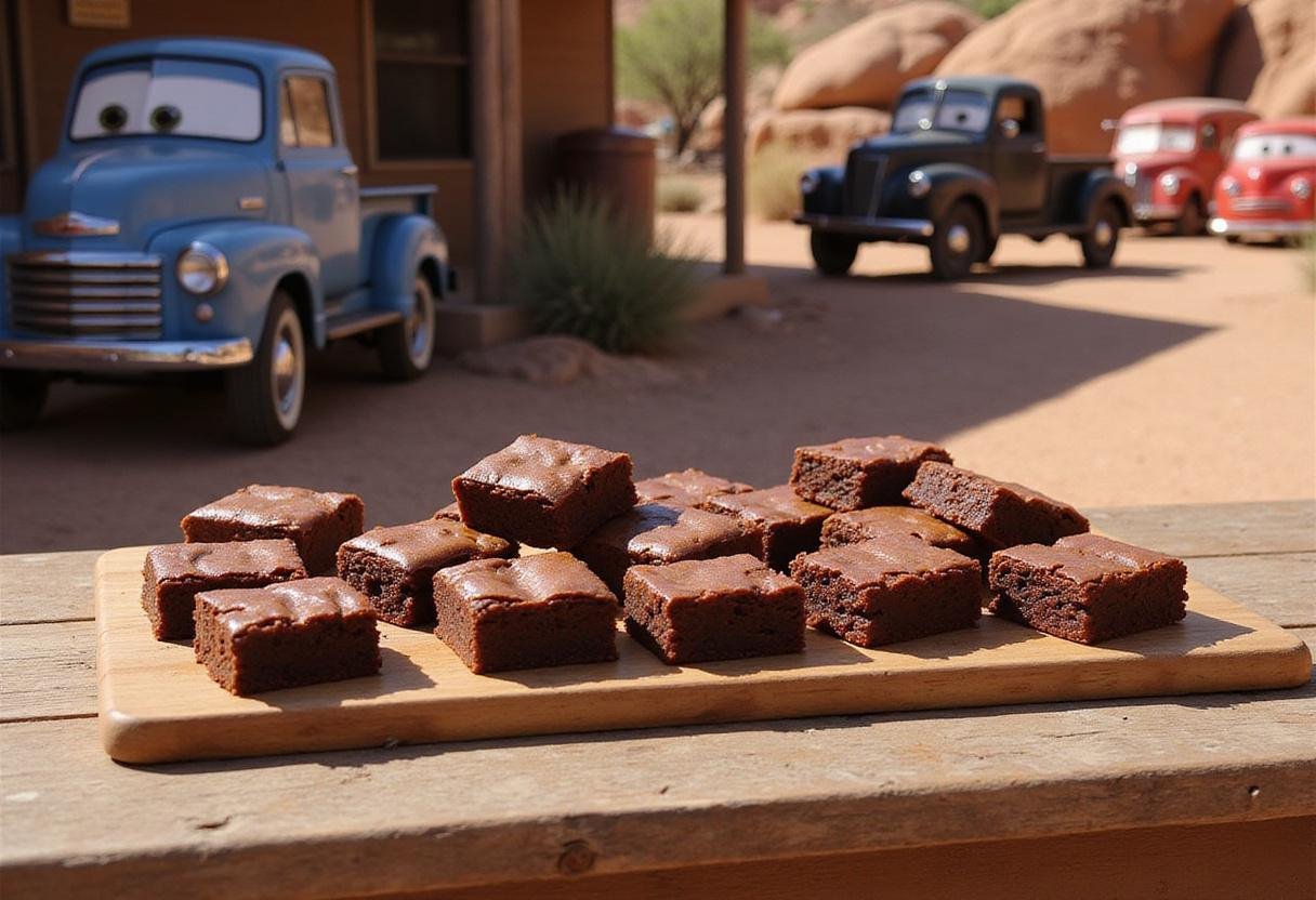 Tow Mater's Brownies from Cars movie recipes displayed on a rustic table in Radiator Springs style setting, highlighting the delicious dessert.