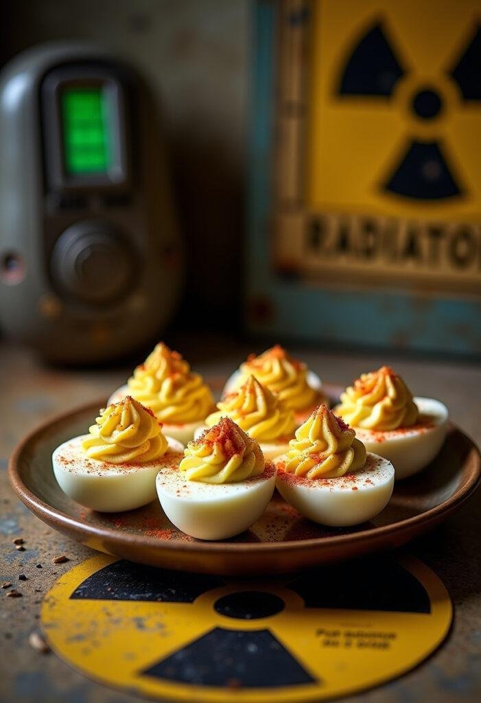 Chernobyl Dosimeter Deviled Eggs on a radiation-themed table with vintage Geiger counter and warning symbols