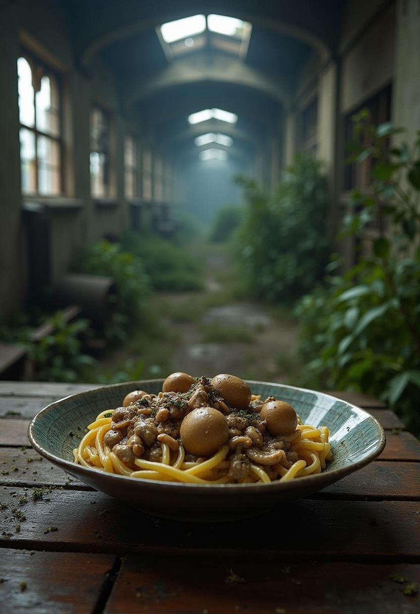 Chernobyl Exclusion Zone Mushroom Stroganoff served in a rustic setting with industrial decay elements, capturing the eerie atmosphere of the zone.