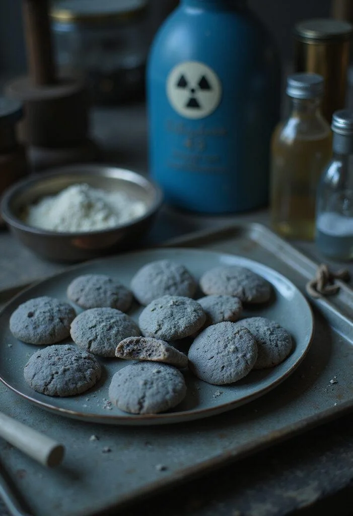 Chernobyl Graphite Tip Gray Cookies on a lab tray with scientific tools in a post-nuclear themed setting.