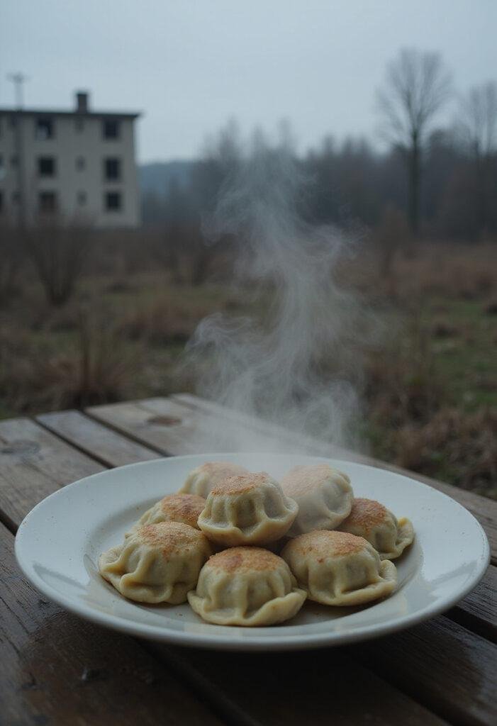 Chernobyl Liquidator's Lead Suit Dumplings (Pelmeni) on a rustic table in a themed setting with abandoned buildings in the background.
