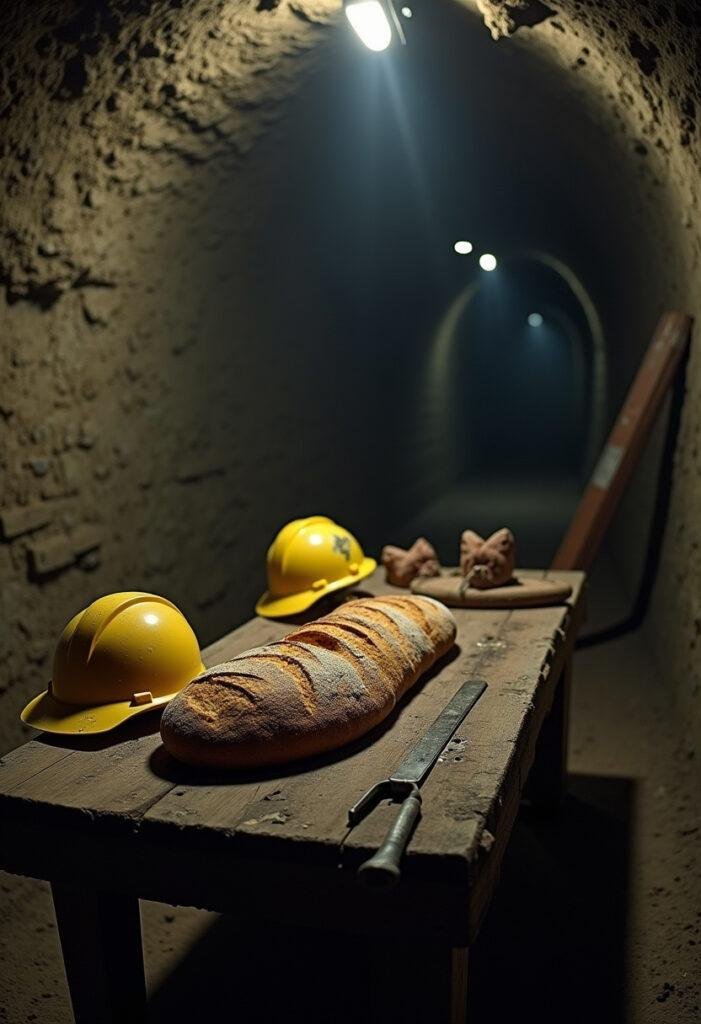 Chernobyl Miner's Tunnel Black Bread on rustic table with mining tools, realistic underground tunnel setting