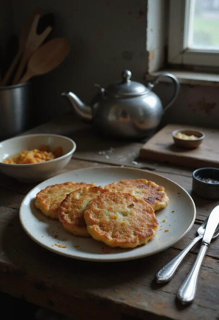 Chernobyl Pripyat Potato Pancakes served on a rustic plate in a Soviet-era kitchen setting, showcasing crispy golden draniki in a realistic scene.