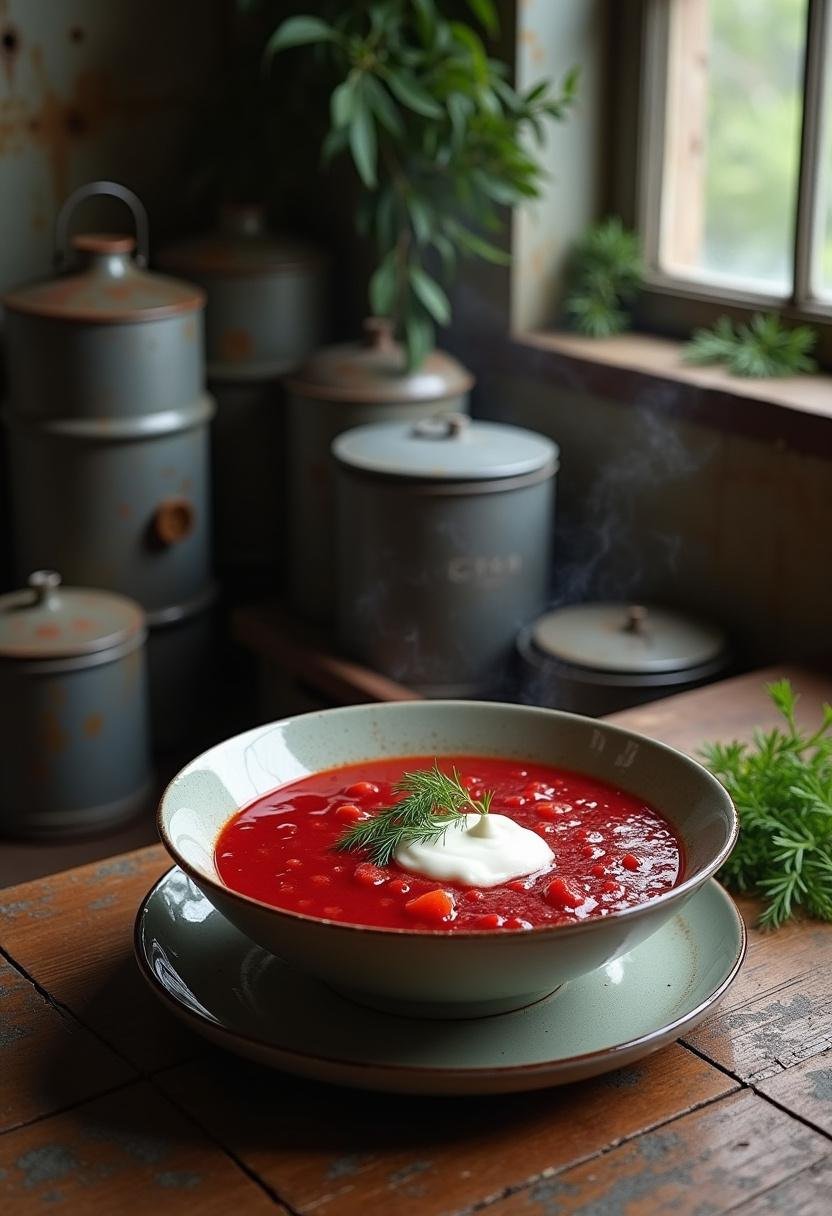 Chernobyl Reactor Core Borscht served in a vintage kitchen setting with a rustic wooden table, featuring a vibrant red color and garnished with dill and sour cream.