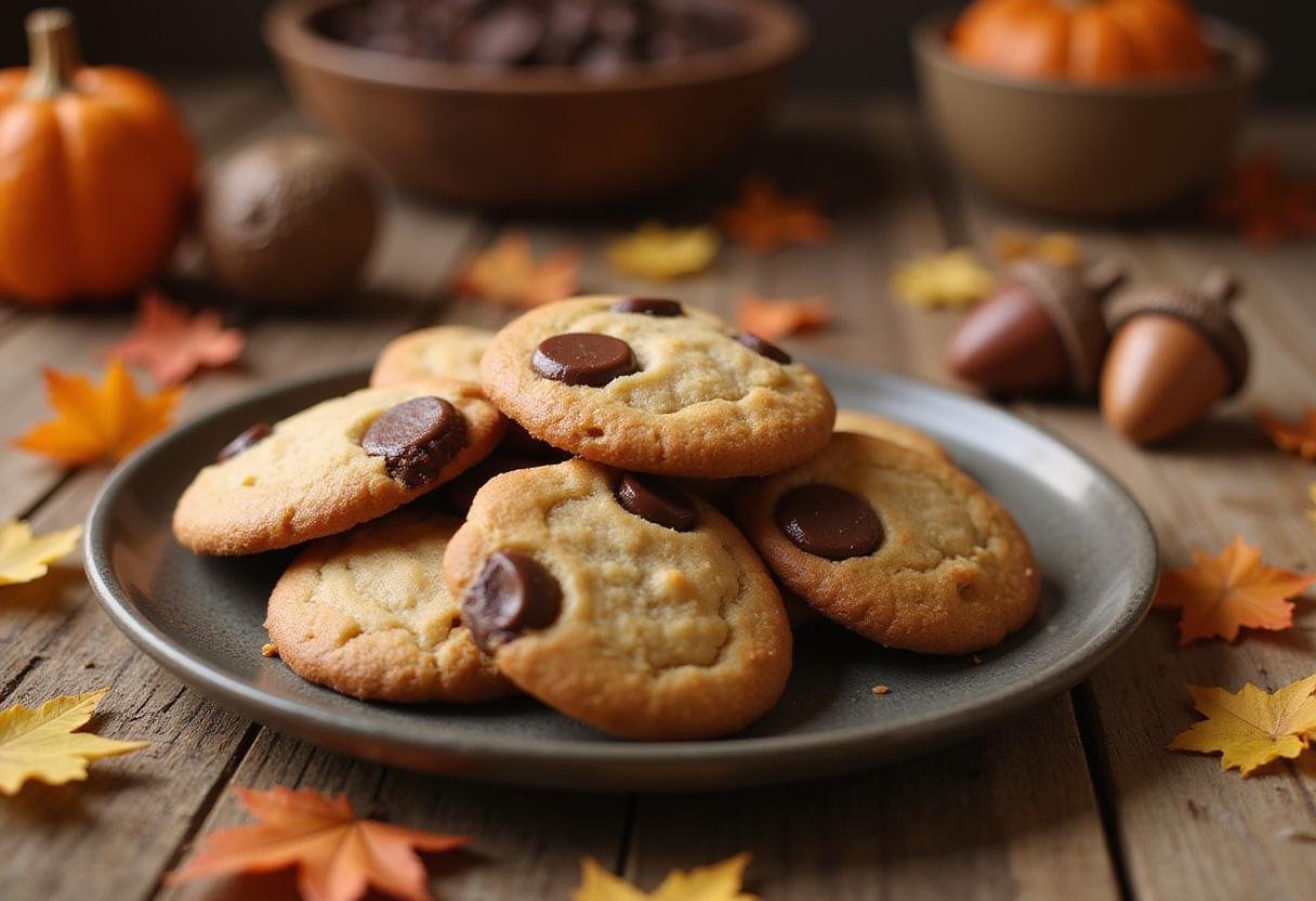 Chicken Little's Acorn Kiss Cookies displayed on a rustic table with fall-themed decorations for cozy fall baking.