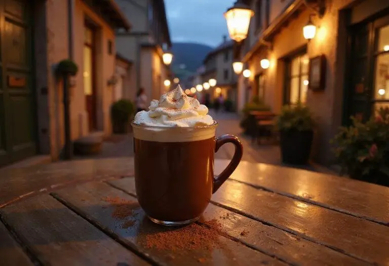 Delicious spiced hot chocolate inspired by Chocolat movie recipes, featuring whipped cream and cinnamon in a cozy European village setting, in Vianne Rocher style.