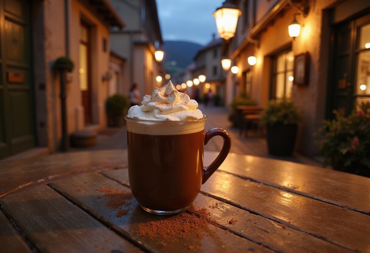 Delicious spiced hot chocolate inspired by Chocolat movie recipes, featuring whipped cream and cinnamon in a cozy European village setting, in Vianne Rocher style.