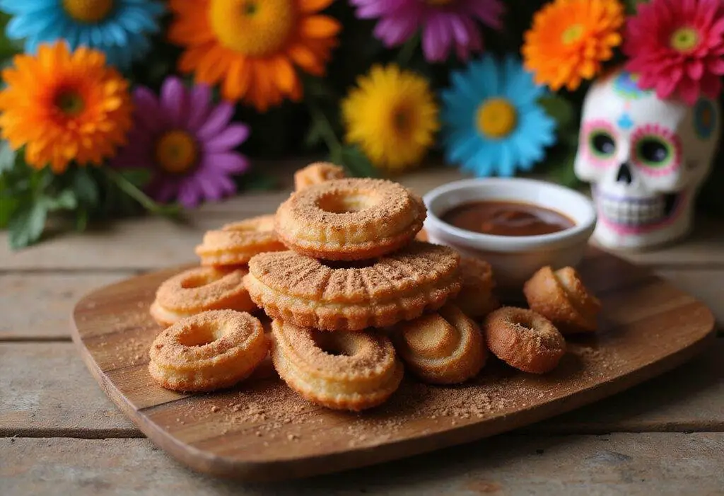 Coco's Un Poco Loco Churros with Chocolate Sauce served in a festive Day of the Dead setting, featuring crispy churros and rich chocolate dip