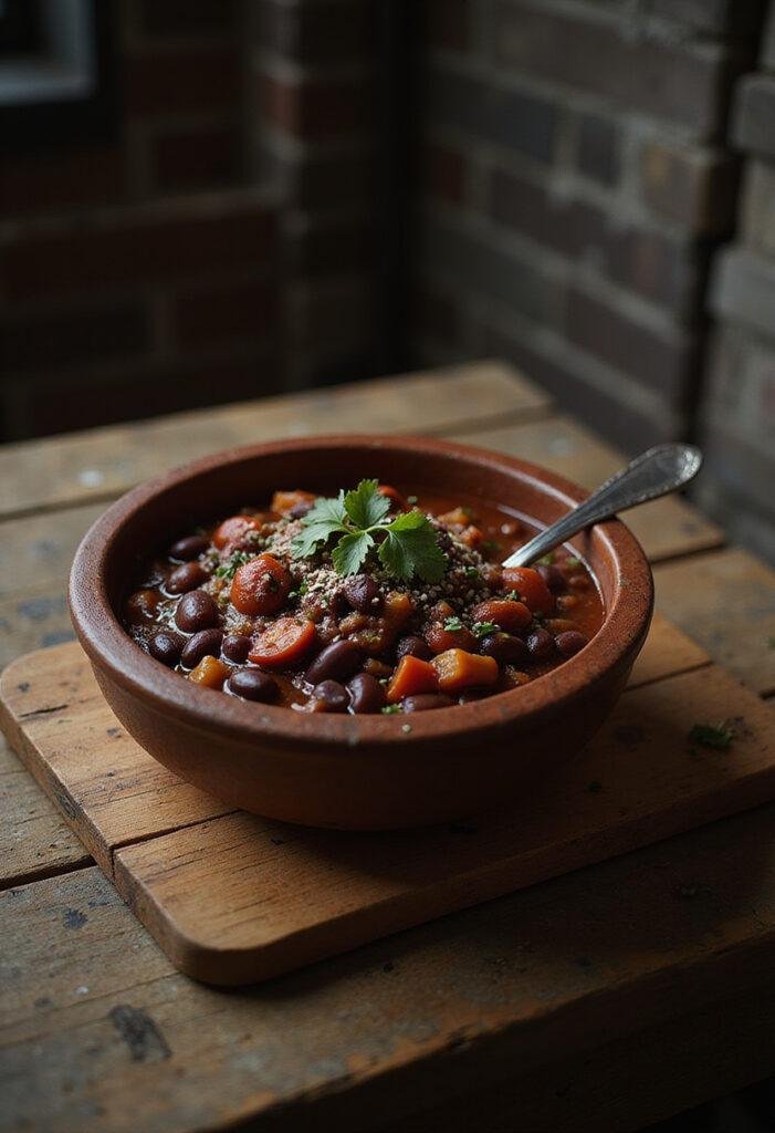 Daredevil’s Blind Justice Black Bean Chili served in a rustic bowl with black beans and peppers, set on a wooden table with a gritty Hell's Kitchen background.