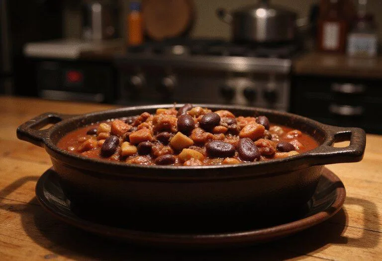 Daredevil’s Blind Justice Black Bean Chili served in a rustic bowl with a dark, intense ambiance, reflecting the gritty world of Daredevil.