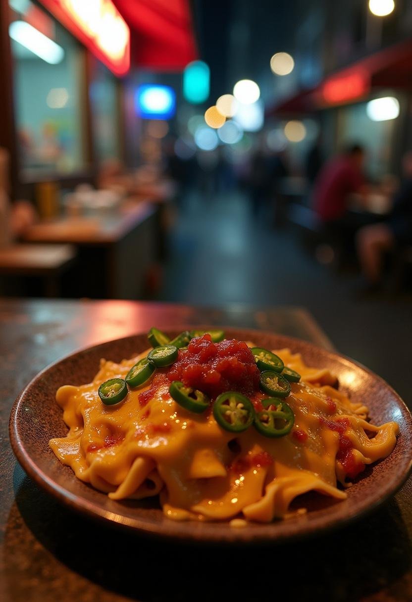 Daredevil’s Devil’s Nacho Inferno featuring melted cheese, jalapeños, and salsa on a plate, styled in a gritty street food setting inspired by the Daredevil series.