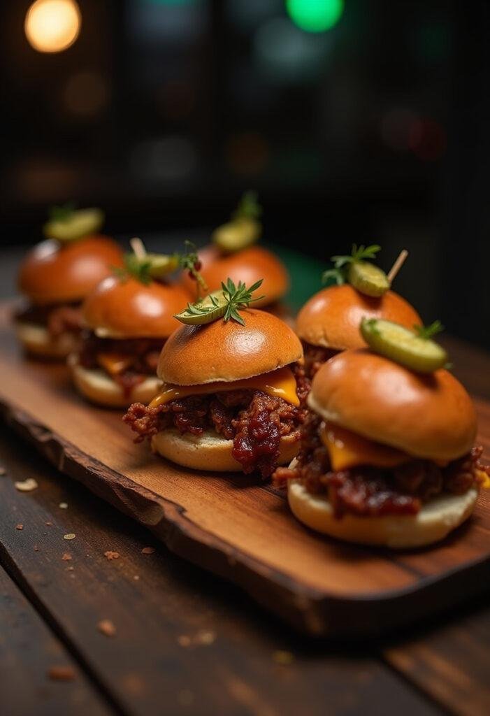 Daredevil’s Foggy Bourbon BBQ Sliders on a rustic plate set in an urban Hell's Kitchen scene, featuring smoky pulled pork and melted cheese on buns.