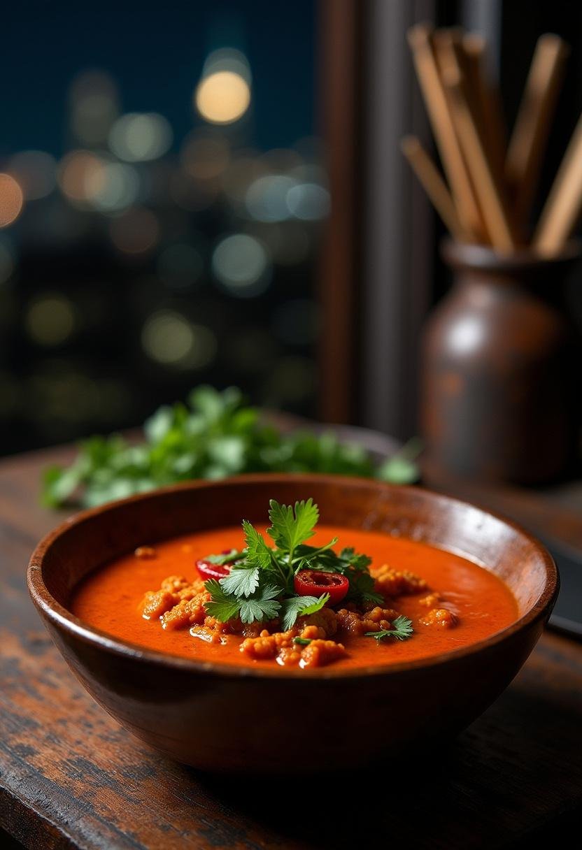 Daredevil’s Hand-Forged Fiery Curry served in a rustic setting, showcasing a spicy red-orange curry garnished with cilantro and chili, inspired by Marvel's Daredevil.