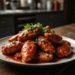 Daredevil’s Hell’s Kitchen Hot Wings served on a rustic table with fiery glaze, inspired by the gritty atmosphere of Hell's Kitchen in Marvel's Daredevil.