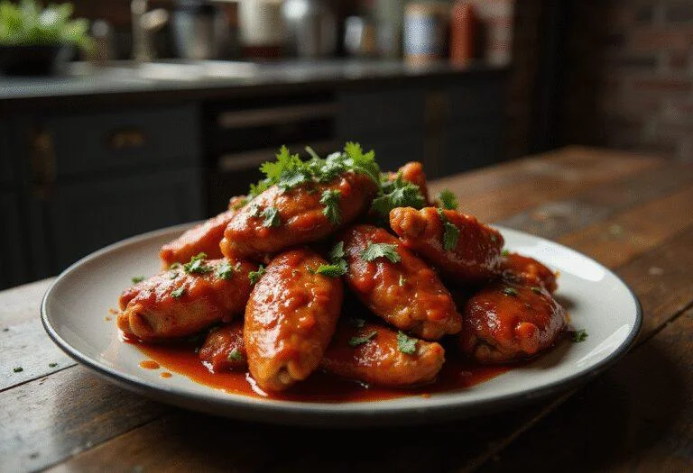 Daredevil’s Hell’s Kitchen Hot Wings served on a rustic table with fiery glaze, inspired by the gritty atmosphere of Hell's Kitchen in Marvel's Daredevil.