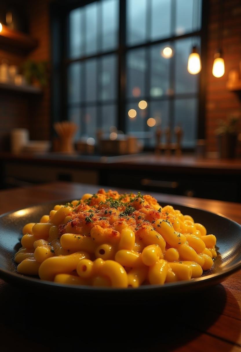 Daredevil’s Midnight Mac & Cheese served on a rustic plate in a gritty kitchen, showcasing creamy, cheesy macaroni with a warm, moody atmosphere.