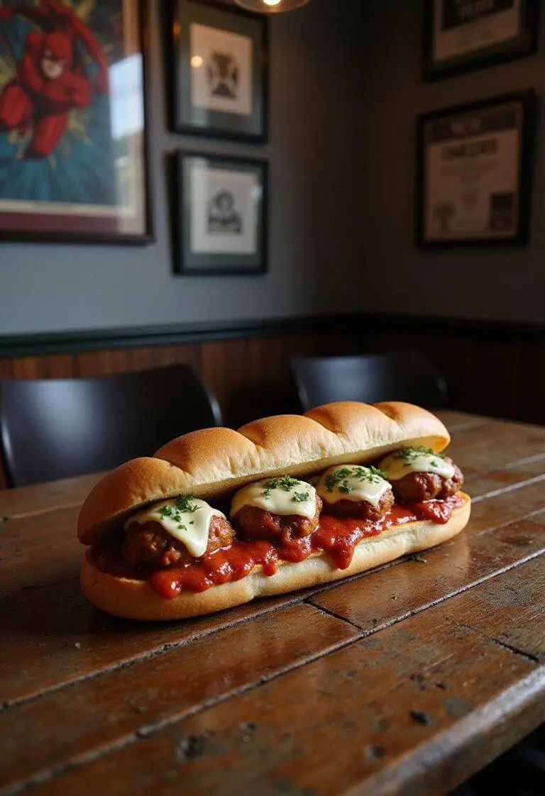 Daredevil’s Nelson & Murdock Meatball Subs served on rustic bread with marinara, cheese, and herbs in a gritty New York City themed setting.